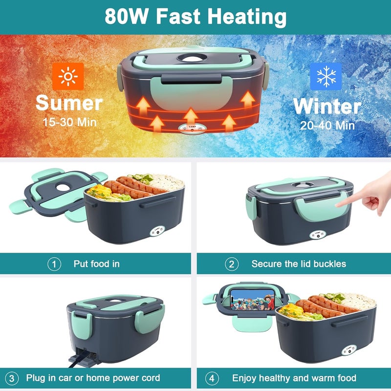 HOLDRUBY Electric Heated Lunch Boxes Adults: 80W Electric Lunch Box Food Heated 12/24/110V 1.5L Heatable Lunch Box for Car/Truck/Office Leak-Proof Stainless Steel Container, Fork & Spoon, Bag (Grey+Green) - Image 4